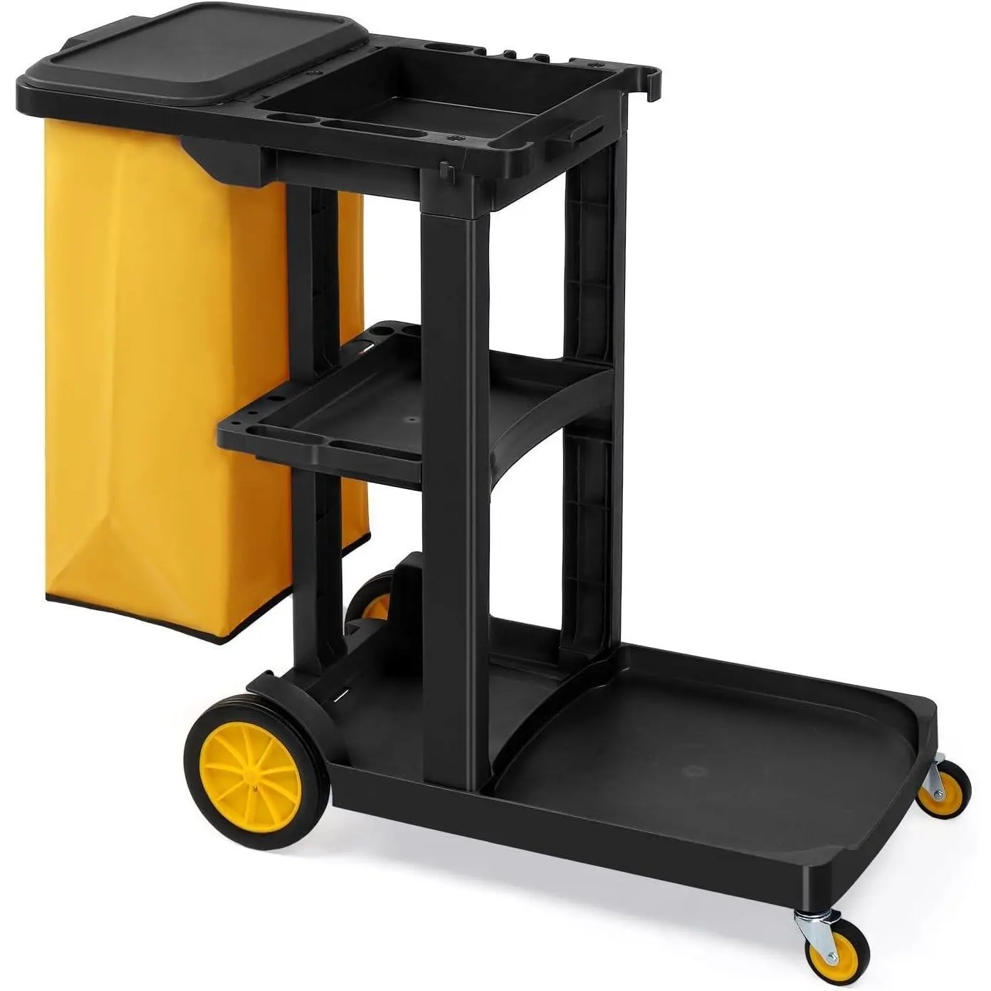 Sturdy Commercial 3-Shelf Durable Plastic Janitorial Cart - 500 Lbs Capacity, Traditional Tools and Cleaning Organizer, Wheeled with Yellow Vinyl Bag, Lidded Cover, Storage Racks, Convenience for Housekeeping Areas, Cleaning Area