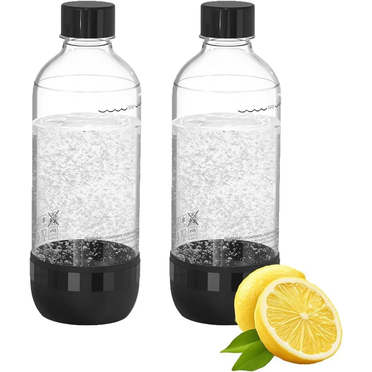 Soda Maker Bottles, BPA-Free Reusable Soda Bottles (2-Pack), 1L Leakproof Carbonated Water Bottles with Secure Seal, Compatible with Most Soda Makers Black