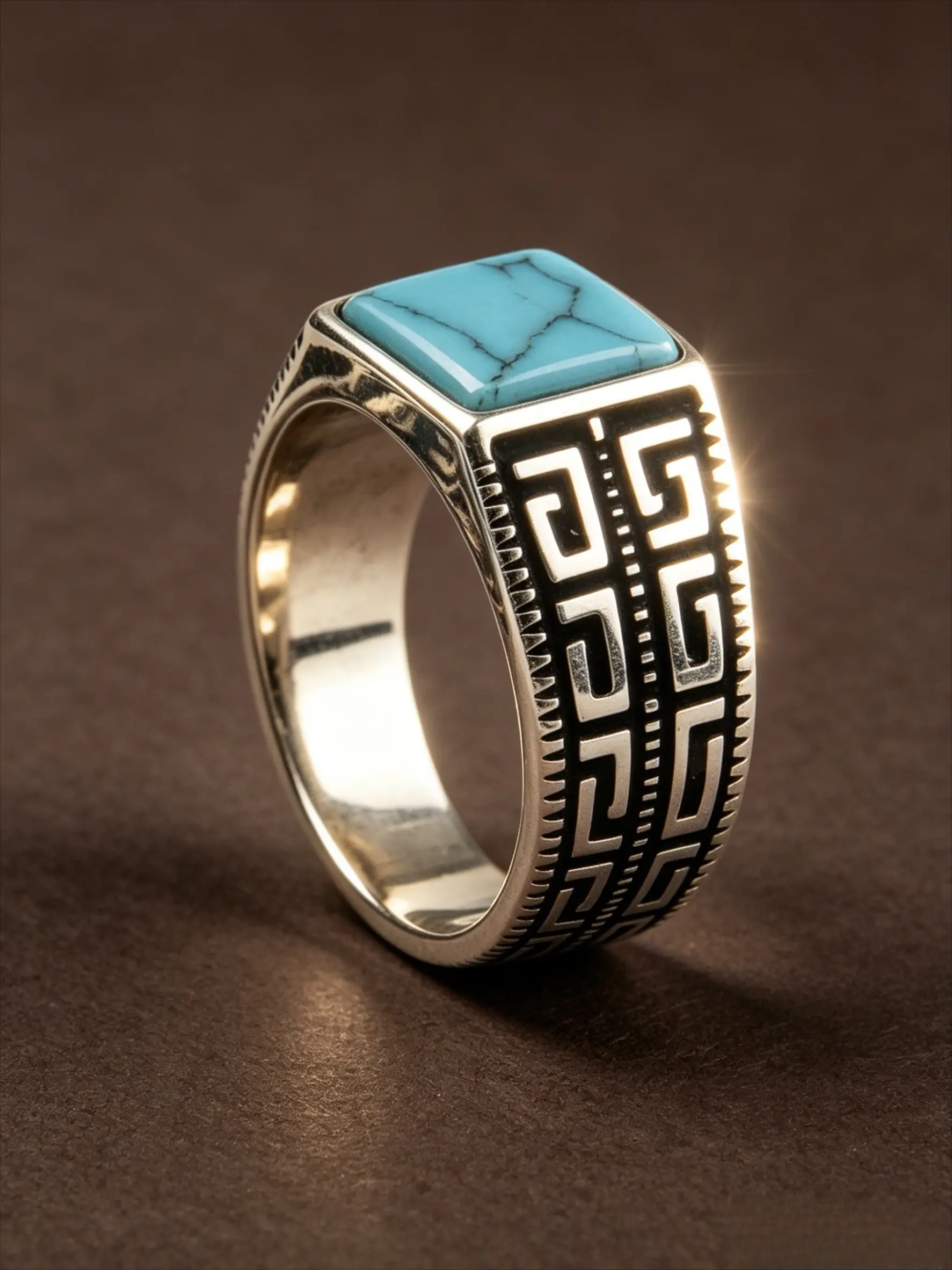 Two Tone Stainless Steel Men Signet Ring, Rectangle Cracked Texture Turquoise Inlay, Greek Key Geometric Embossed Wide Band, Hypoallergenic Tarnish Resistant Western Ethnic Jewelry Gift For Men