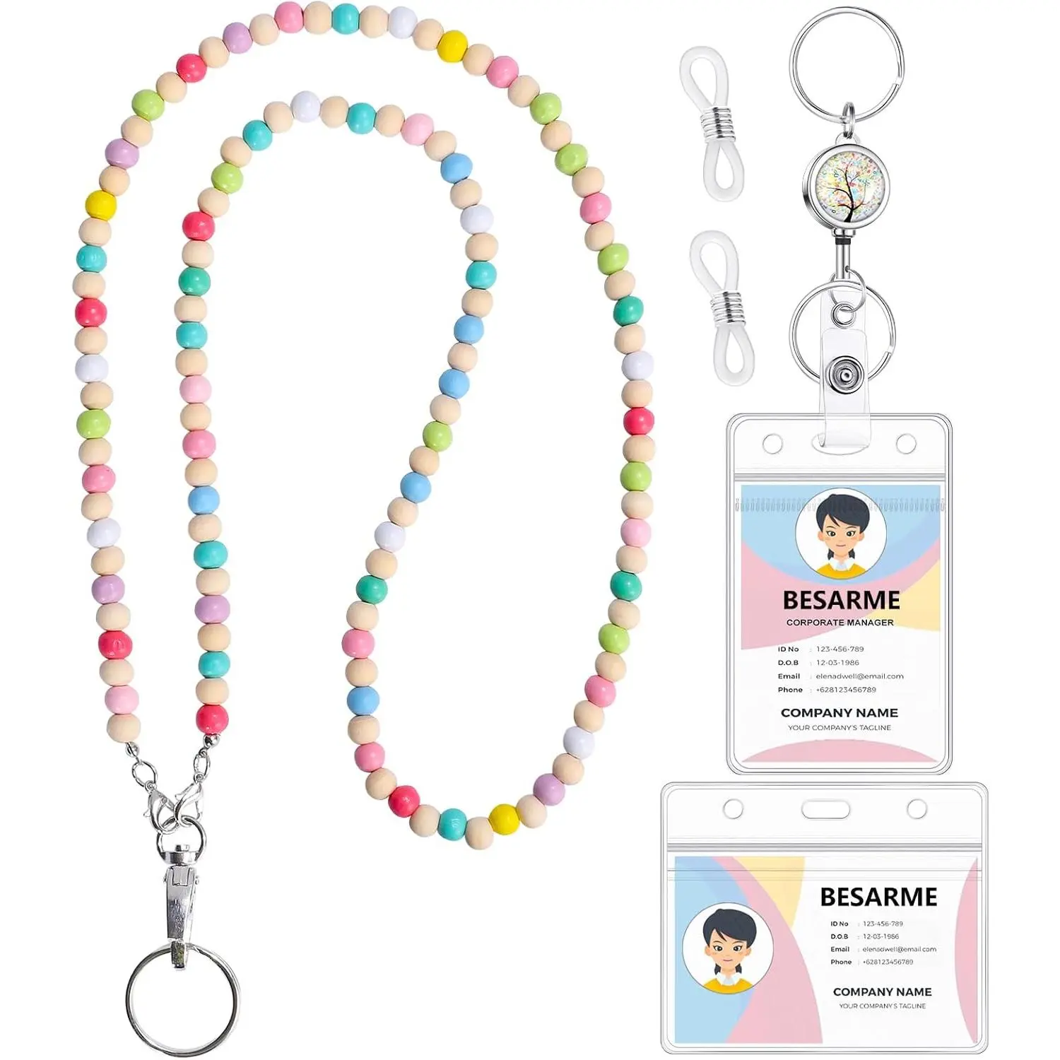 Name Tag Lanyards for ID Badges with Retractable Badge Holders, Cute Wooden Beaded Lanyard for Adults, Work & Teacher Gifts, ID Holder for Keys & Eyeglass Chains