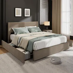 King / Full Size Bed Frame with Tufted Wingback Headboard – Platform Corduroy Upholstered Bed Frame with 4 Storage Drawers & Wooden Slats Support – No Box Spring Needed