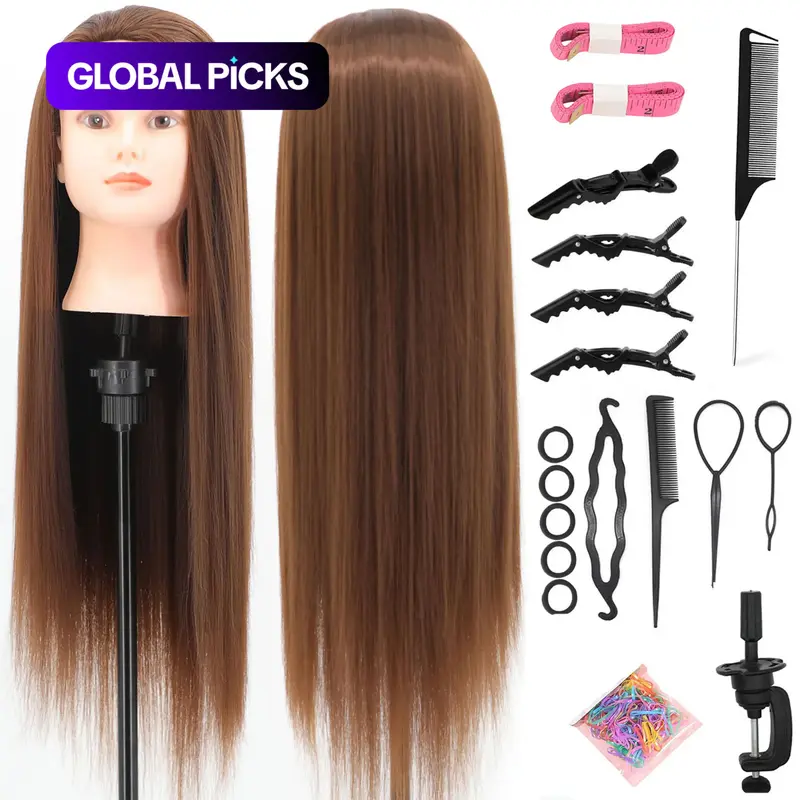 28 Inch Long Straight Hair Training Head with Clamp & DIY Braiding Tools Set, Heatless Styling Tools for Women & Girls, Hair Accessories #GLOBAL PICKS