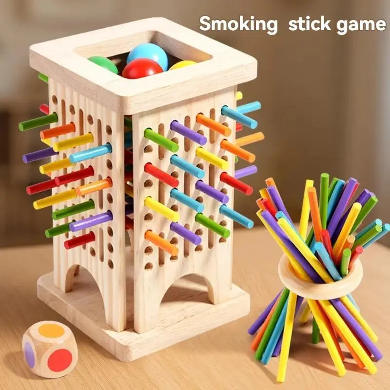 [Back To Shcool]Colorful Wooden Balance Stick Stacking Game Set with Base, Sticks, Balls, Dice, Rings, Educational Toy Stacker for Kids, Family Fun, Birthday Gift