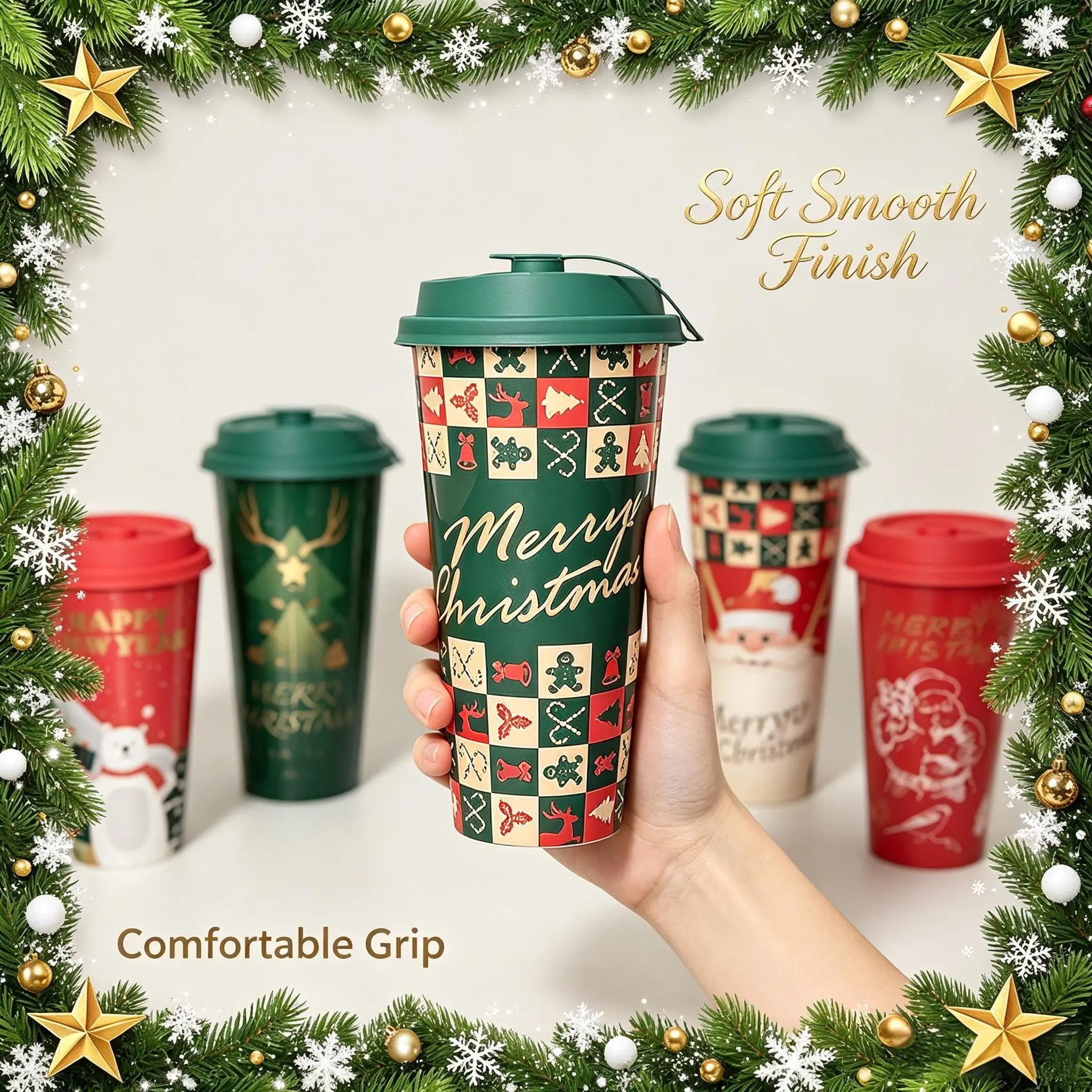 20 Pcs Christmas Coffee Cups Gift Set, Reusable Plastic Travel Mugs with Lids, Santa Claus Design, Holiday Beverage Cups for Women