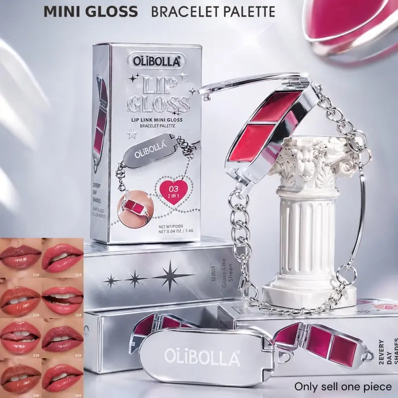 OLIBOLLA Bracelet 2 Shades Lip Gloss Palette, 2-in-1 Glossy Lip Tint, Lip Product, Dual Use for Lips & Cheeks, Portable Chain Makeup, 4 Colors, Hydrating Glass Lip, Long Lasting Cream Blush, Mini Makeup Gift For Daily Touch Up