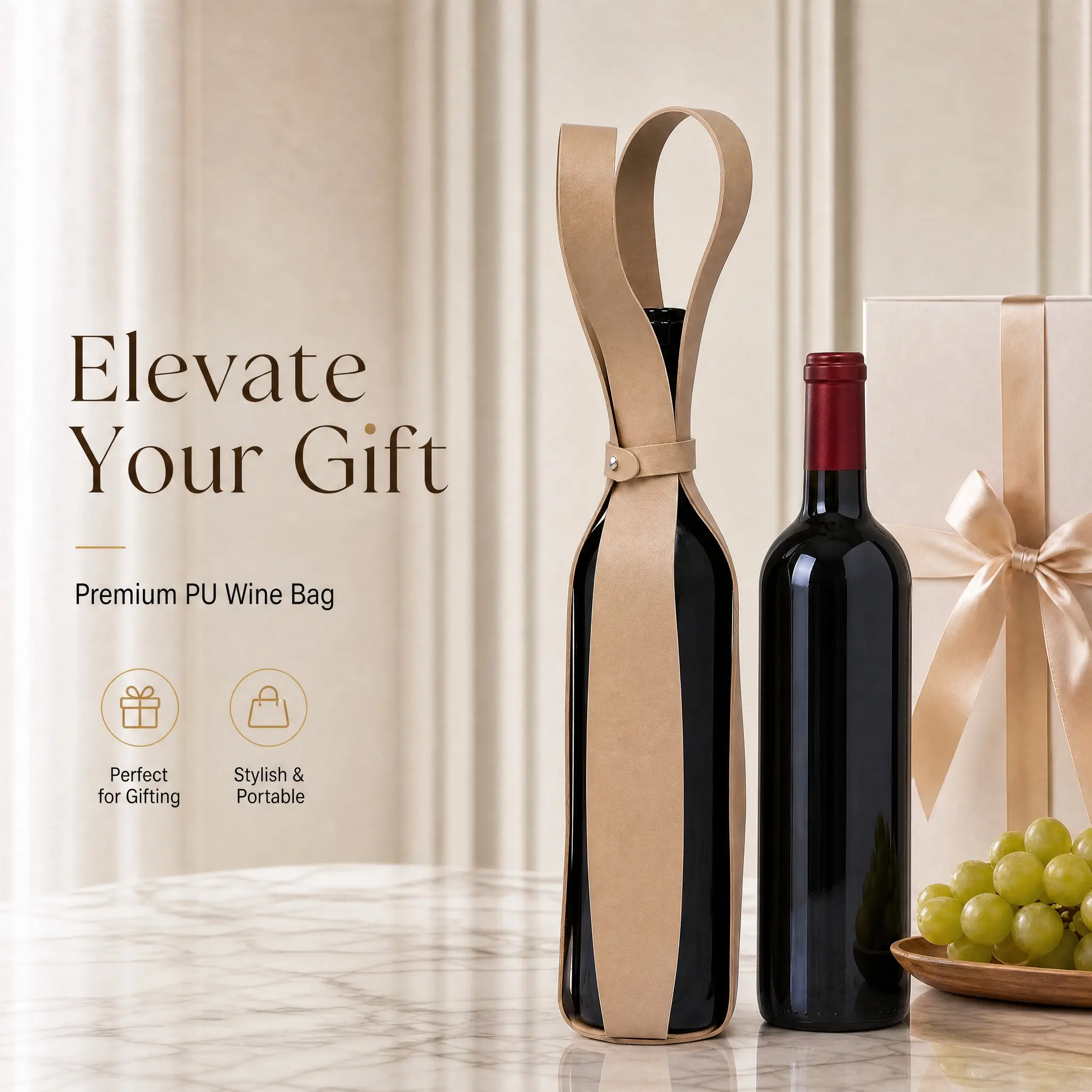 Wine Handbag, Gift Wine PU Case, Handheld Wine Rack, Champagne Leather Case, Hollow Out Portable Wine Bag, Elegant and Practical Design