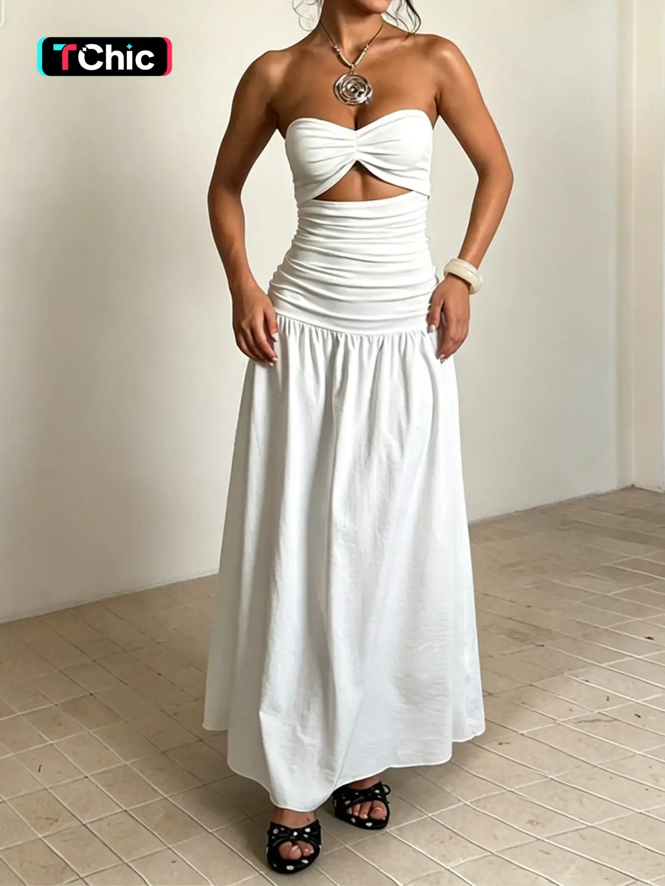 Two Different Fabric Spliced Strapless Maxi Dress, Sheer Ruched Hollow Out A-Line Long Dress, Multi-Color Summer Holiday Beach Casual Wear Chic Boho Summer Outfit for Women