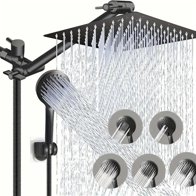 High Pressure Rainfall Handheld Shower Combo, 11'' Extension Arm, 9 Settings, Anti-Leak, Adjustable, Chrome & Matte