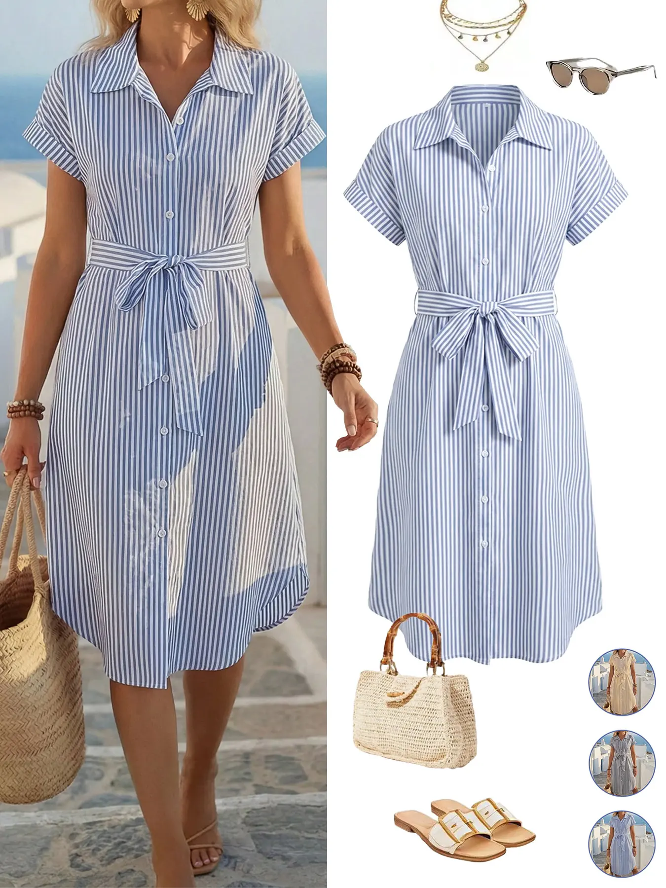 Women's Casual Striped  Batwing Sleeve Loose Midi Shirt Dress, Button Waist Midi Dress Shirt Women Up Short Sleeve Summer Dress，Comfortable, Stylish and Chic, Perfect for Daily Wear,Commuter Dresses，Elegant and Versatile Design