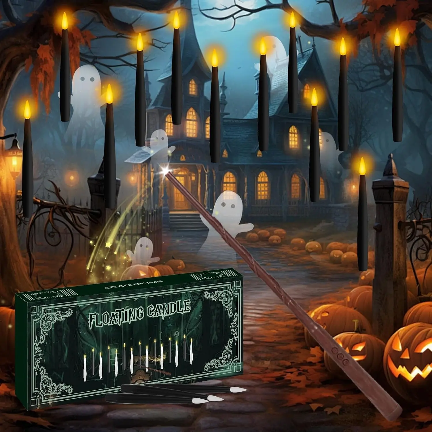 Floating Candles with Wand Remote Timer, Magic LED Hanging Flameless Taper Candles Flickering Battery Operated for Halloween Birthday Theme Party Holiday Home Window Decor, Black 12 PackGift