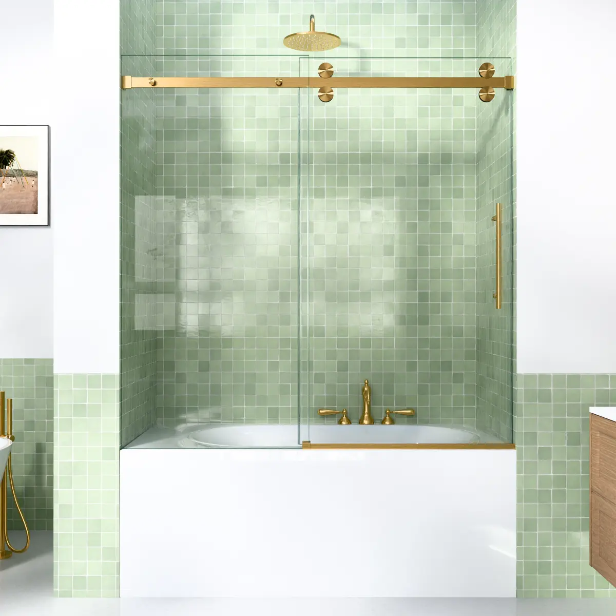 56-60"W x 60"H Frameless Sliding Tub Shower Door Enclosure, 5/16 inches (8mm) Thick SGCC Tempered Glass, Brushed Glod Hardware