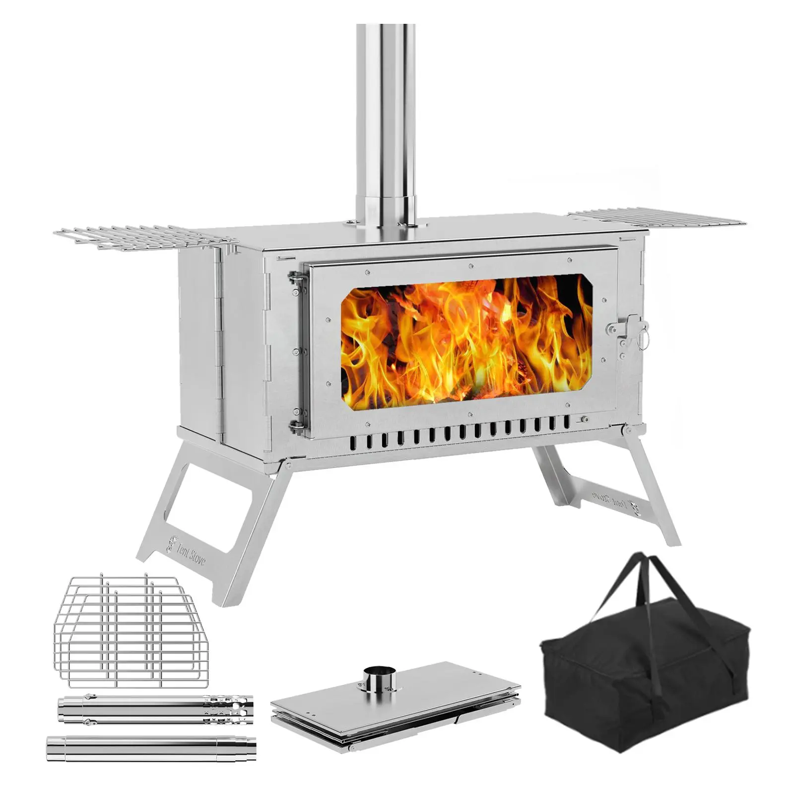 Garvee Portable Stainless Steel Charcoal Stove Tent Stove – Large 1900in³ Cooking Chamber, 98" Collapsible Design, View Glass, 5 Chimney Pipes, Carry Bag – Camping, Heating, Cooking, Barbecue