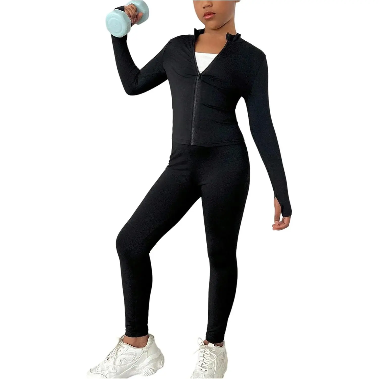 Girl's 2 Piece Outfit Long Sleeve Zip Up Top Yoga Leggings Set Athletic Tracksuit