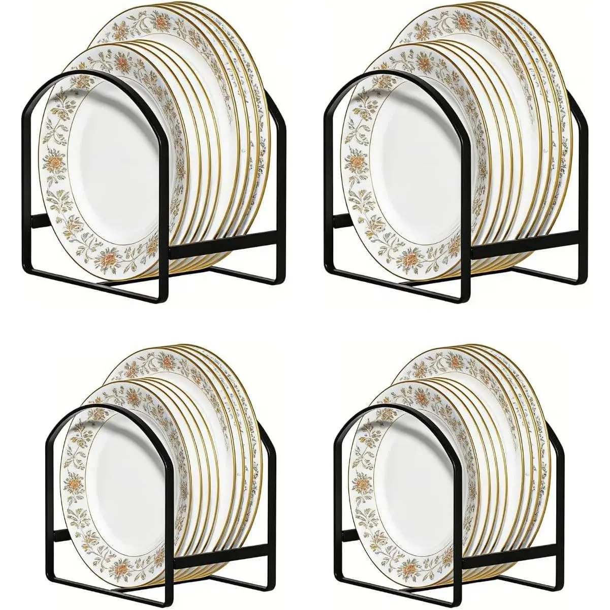4 Pack Kitchen Plate Holder Organizer for Cabinet Space Saver Dinner Dish Plate Storage Rack Upright Dish Drying Racks Metal Dish Racks Stand for Cupboard and Countertop 2 Large 2 Small Black