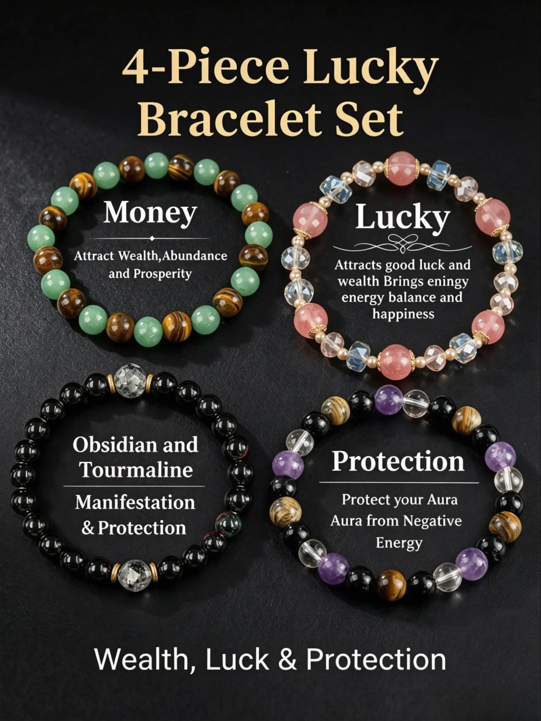 4pcs Crystal Bead Bracelets, Obsidian, Onyx, Tiger Eye, Money Attraction, Elastic Stack Jewelry, Party Daily Wear, Lucky Gift