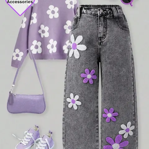 Yk2 Girls' Jeans with Floral Eyelet Embroidery, Safe Soft Fabric, Loose-Fit Straight Leg, High Waist, Long Hem, All Seasons Floral Pants