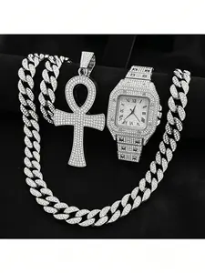 Punk Bling Diamond Watch Accessory Set, Fashion Jewelry Set, for Men Women, Full Iced Analog Quartz Movement Calendar Watch, Adjustable 18K Plated Copper Miami Cuban Link Bracelet & Ankh Cross Pendant Necklace, 4 In 1 Unisex Hip Hop Style Jewelry