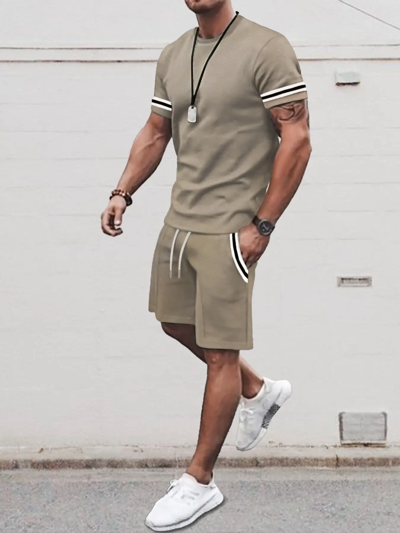 Men Summer 2 Piece Sporty Tracksuit Outfit, Striped Crew Neck Short Sleeve T-shirt & Drawstring Elastic Waist Athletic Shorts Set, Solid Color Lightweight Breathable Loose Casual Sport Loungewear Matching Suit For Daily Running Street Wear
