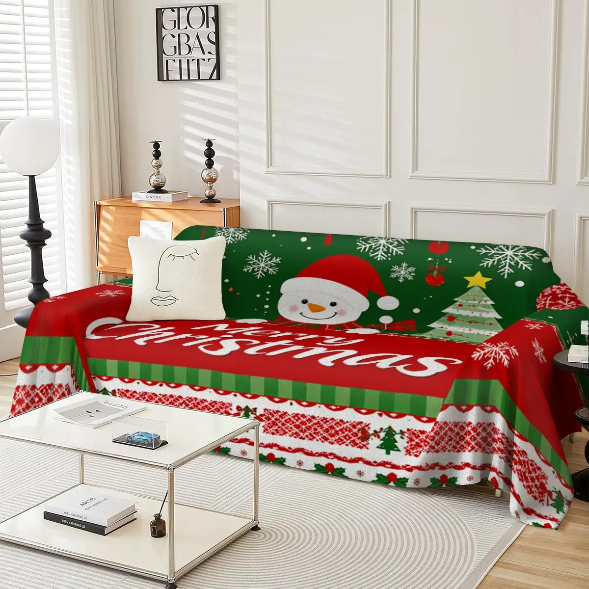 Green background snowman Christmas sofa cover multifunctional sofa cover suitable for all seasons, suitable for single to four seater, living room sofa decoration