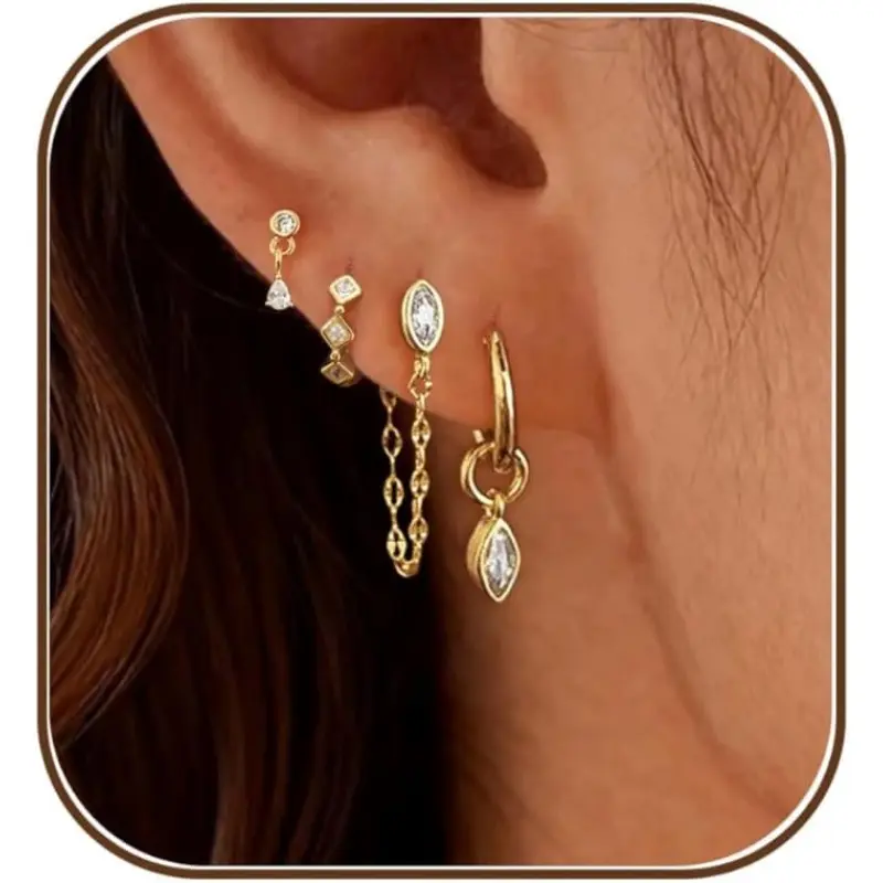 Earring Stacks for Women, Dainty Golden Plated Chain Earrings Set Cute Small Huggie Hoop Earrings Trendy Fashion Dangle Drop Earrings for Daily Summer Prom Travel Party Birthday Gift