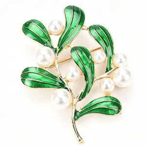 Golden Leaf Berry Brooch Green Enamel Faux Pearls Unisex Accessories for Coats Dresses Daily