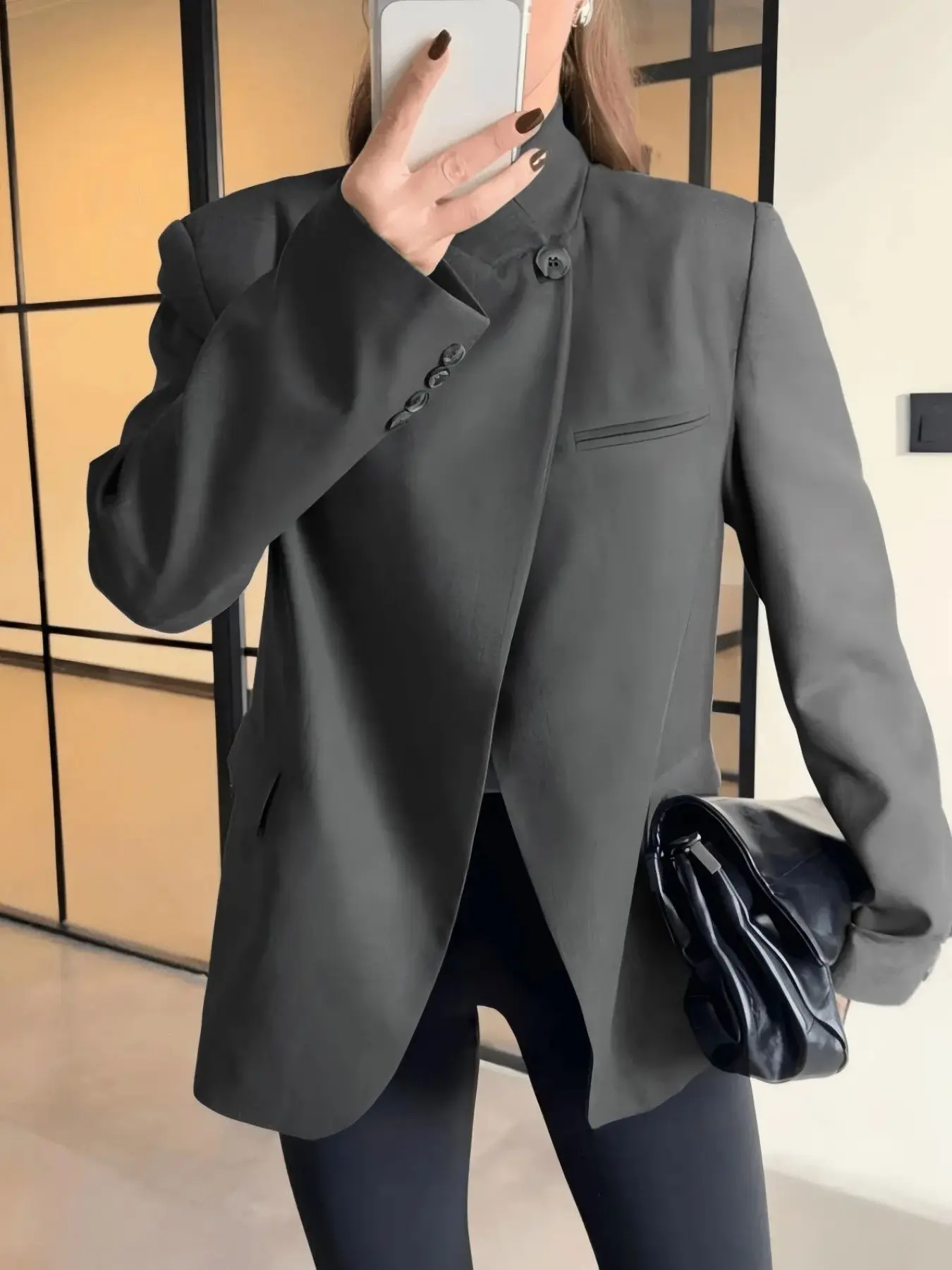 Women's New Traditional Stand Collar Aesthetic Blazer, Unique Slant Button Waistcoat, Elegant Short Suit for Office, Versatile Casual Outerwear