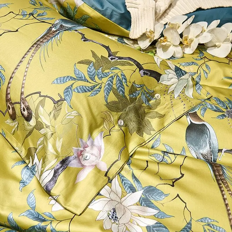 King Size Cotton Pillowcase Set with Gold Birds & Floral Embroidery - Breathable, Soft Bedding Covers, Vintage Botanical Bedroom Decor Pack, Set Pack