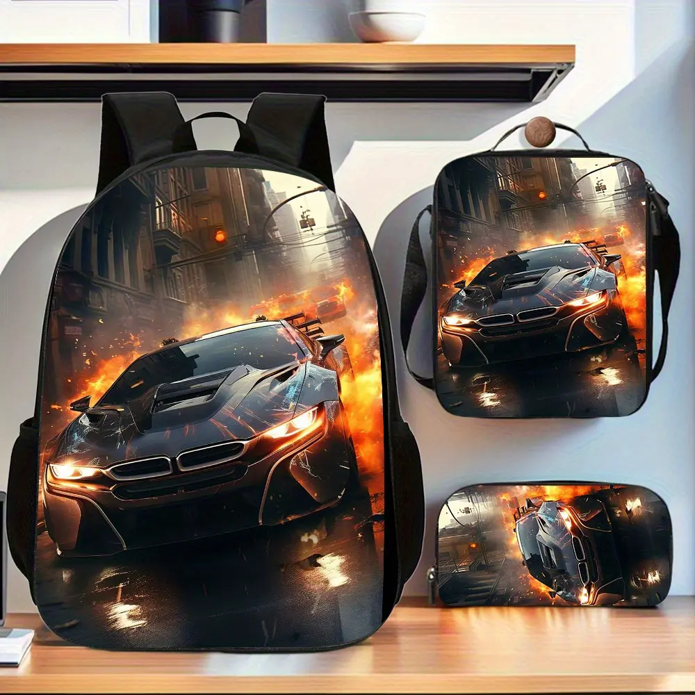 This three-piece racing backpack set includes a large-capacity backpack, a detachable tote bag, and a pencil case. Featuring a racing design with nighttime city and sports car graphics, it's made of durable polyester and is suitable for teenagers, student