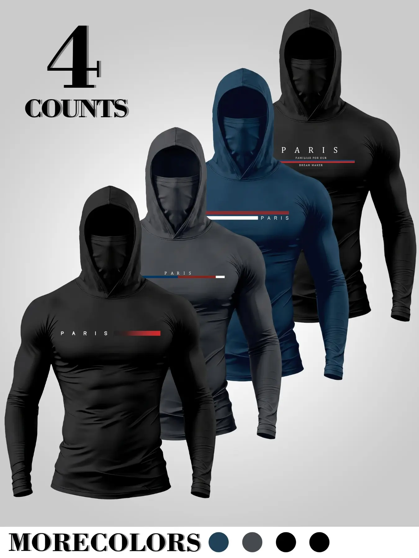4piece French-style Paris three-color striped letter hooded tight-fitting long-sleeved set, high elasticity quick-drying Dry Fit Compression Clothing motorcycle commuting and fitness underwear