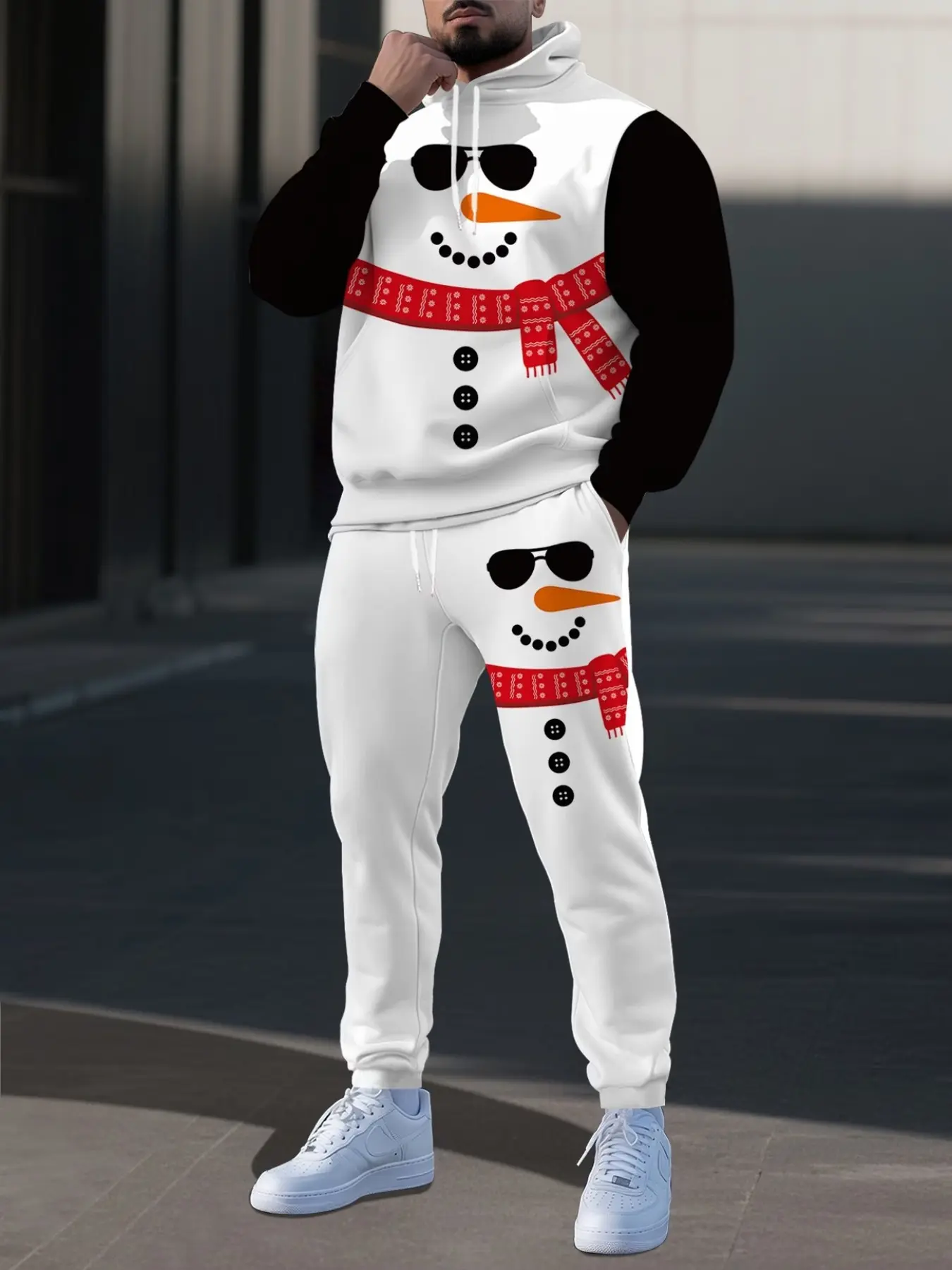 Christmas Snowman Print Hoodie Set, Block, Long Sleeve, Casual Fitted, All Seasons, 2-Piece with Pockets