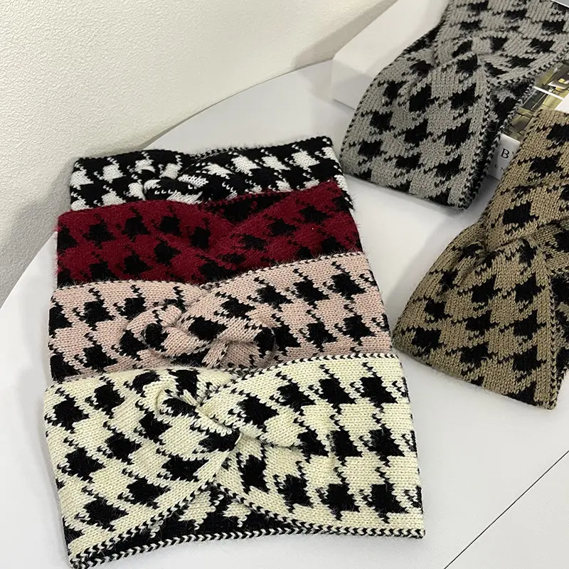 Women's Houndstooth Wide Knitted Headbands - Elastic Autumn Winter Fashion Hair Accessories for Sports, Skincare, Washing Face, Houndstooth Headbands