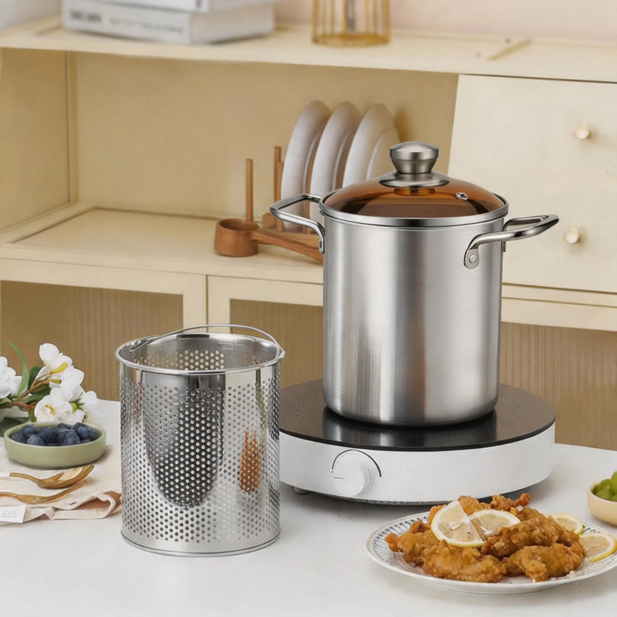 304 Stainless Steel Deep Fryer Pot with Oil Drip Tray and Glass Lid, Ideal for Home Deep Fryer Frying French Fries and Chicken in Kitchen