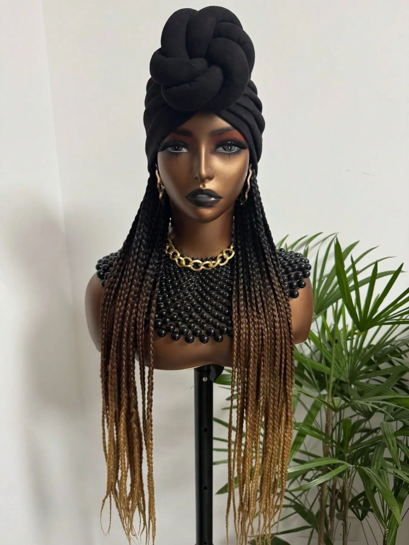 Long 24Inch Synthetic Black Dark brown Light brown Box Braided With Headband Elasticated Band Turban Hat Box Braiding Bohemian Box Braid Boho Box Braids Hair Extensions Head Scarf Easy Hairstyle Wigs For Black Women Premium Synthetic Material Wigs