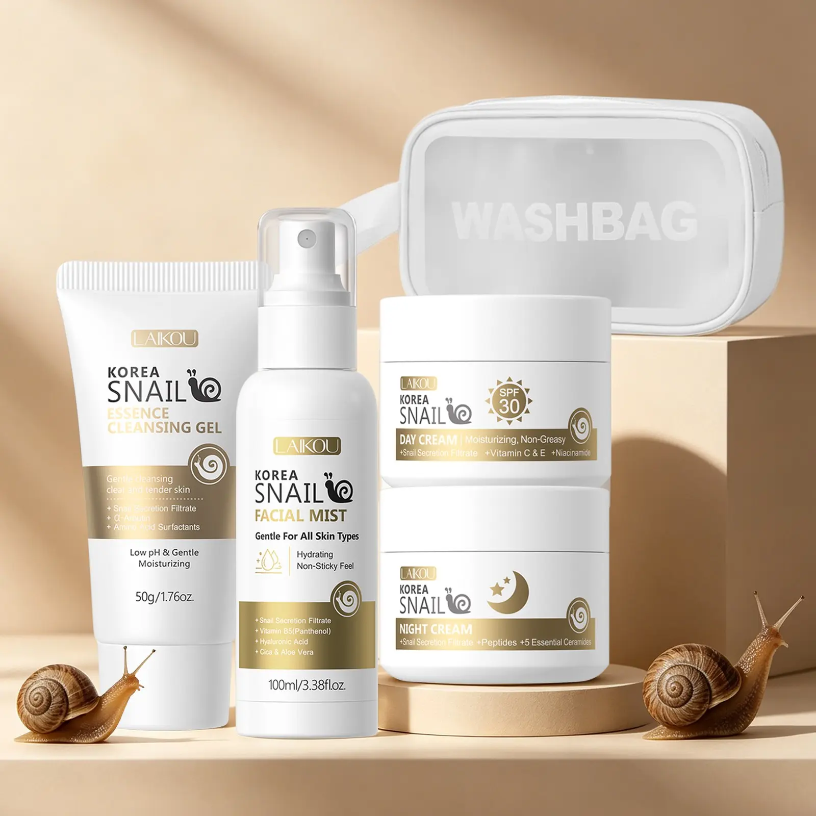 LAIKOU Snail Skincare Routine Kit, Hydrating Facial Kit, 3-Step Minimalist Day and Night Routine Kit - Cleansing Gel 50g, Toner Mist 100ml, Day Cream 30g & Night Cream 30g,Deep Hydrating & Glow Skin Set, Daily Care Set
