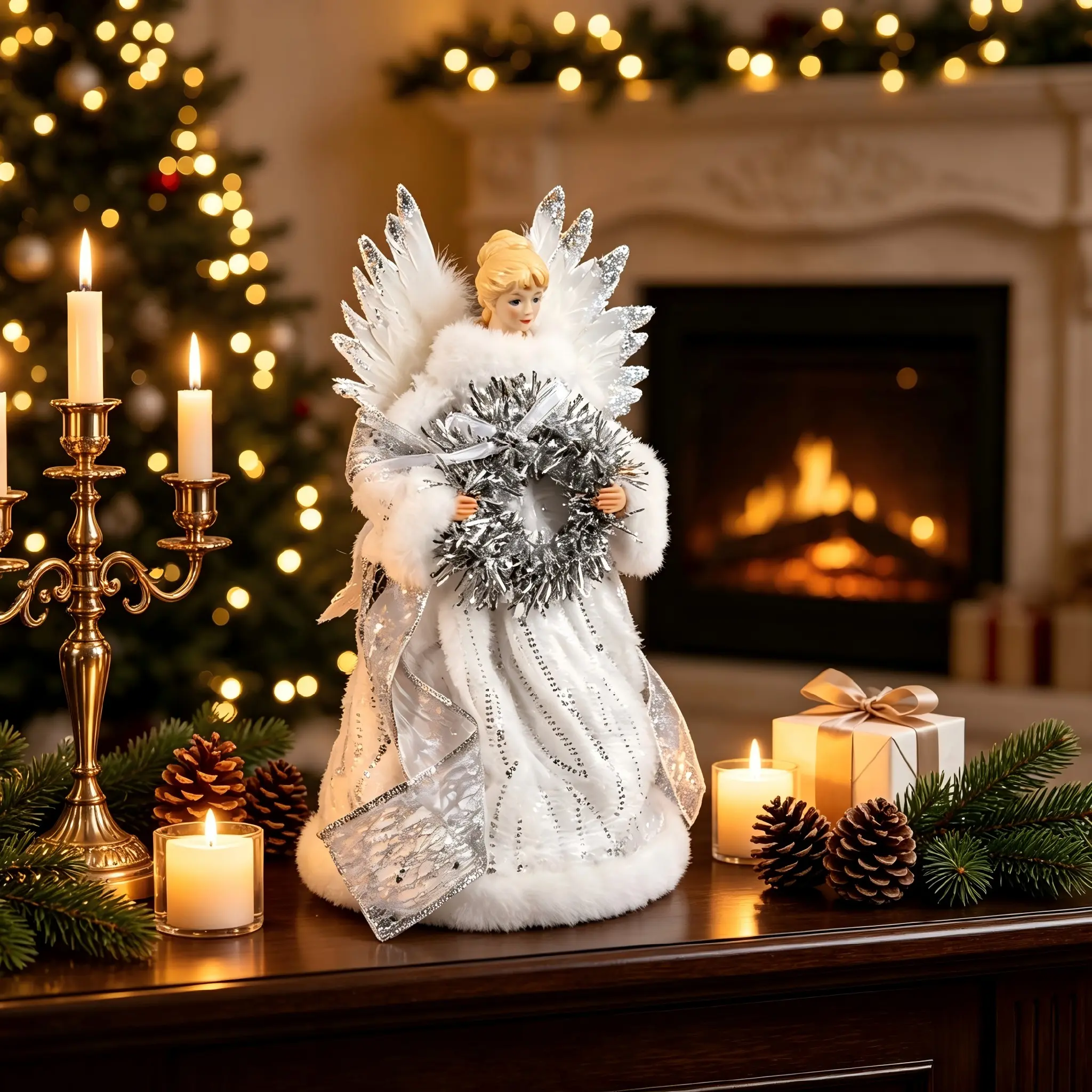 Christmas Angel Tree Top Decoration, Fabric Gold Silver Angel Doll, Christmas Tree Star Holiday Gift, Home Christmas Decorations