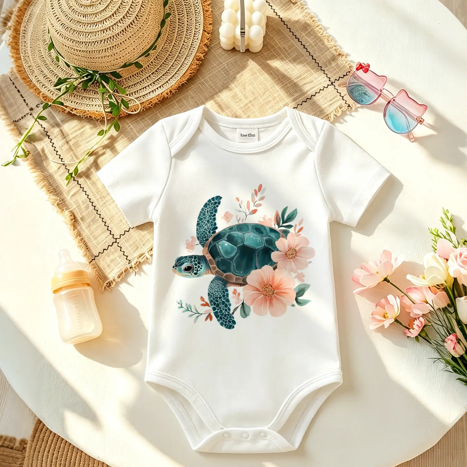 Minimalist Sea Turtle & Floral Print Baby Onesie - Soft Stretchy Skin-Friendly Cotton Short-Sleeve Bodysuit, Snap Buttons, Holiday Newborn Unisex Summer Infant Romper, Baby Shower Essential Gift, Basic