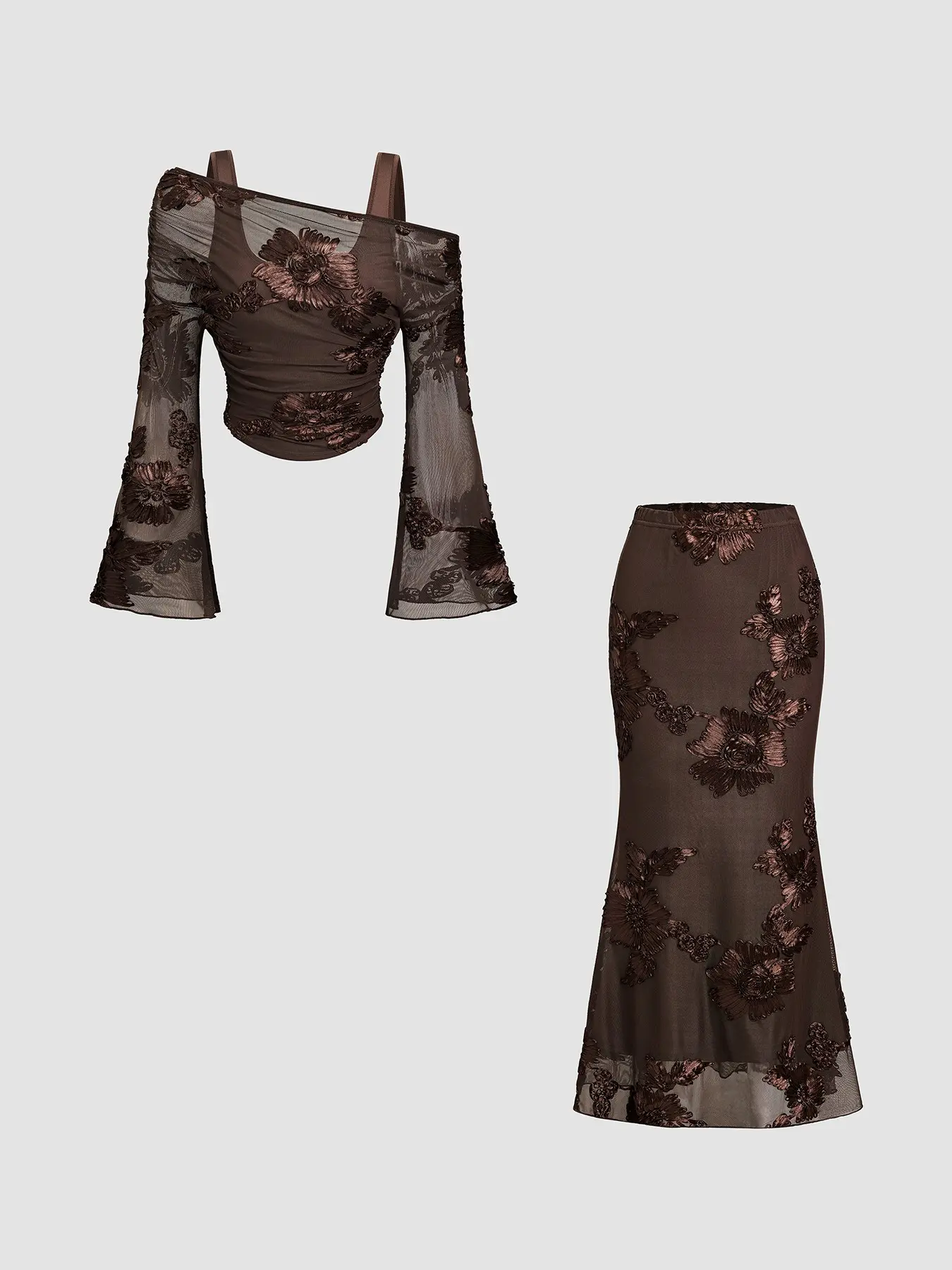 Elegant Off-Shoulder Halter Top with Floral Embroidery, Fish Tail Midi Skirt Set, Perfect for Dates, Parties, Vacations, Daily Wear