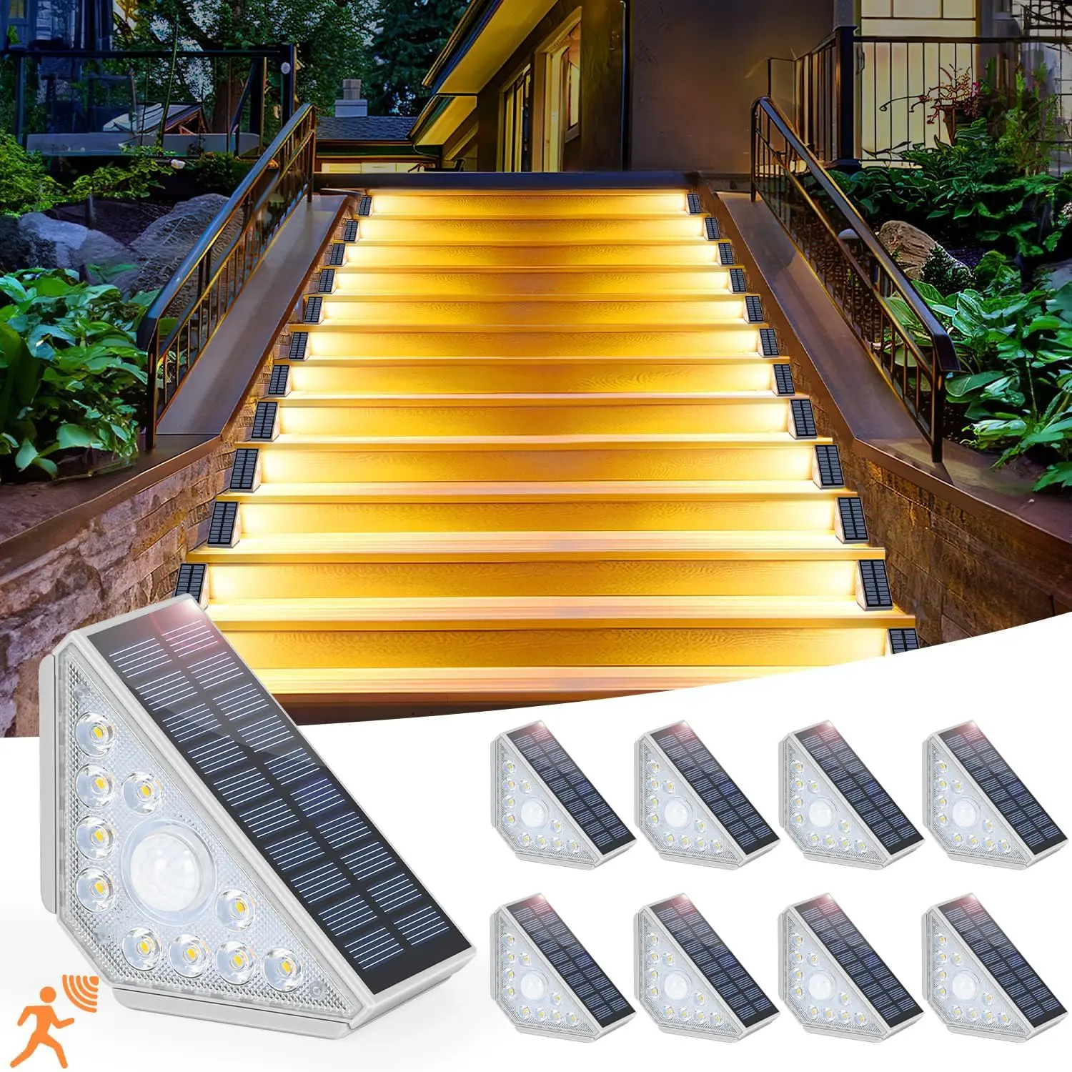 Outdoor Solar Motion Sensor Step Lights - 550LM Super Bright LED, ABS Plastic, Auto-On/Off, IP67 Waterproof, Warm White, Multiple Packs, Ideal for Stairs, Porches (Home Supplies), Ip67 Rated