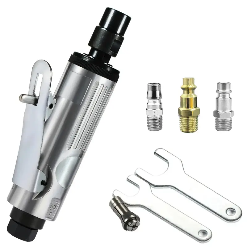 1/4 Inch Heavy Duty Straight Air Die Grinder Complete Kit, High Speed Pneumatic Grinding Polishing Tool with 3 Air Quick Connect Fittings, 2 Wrench Spanners & Extra Replacement Collet Included, Low Vibration Compact Handheld Air Grinder for Metal Deburrin