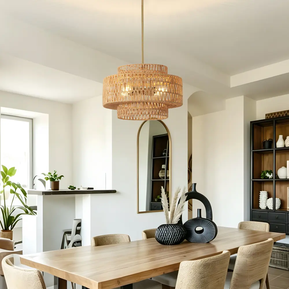 17.7" Dia. Boho Rattan Chandelier Light Fixture - 4-Light Handwoven Wicker Pendant Lamp, Ceiling Mount Indoor Lighting with Boho Chic Aesthetic, Rustic Farmhouse Natural Bamboo Cane Decor for Dining Room, Kitchen Island