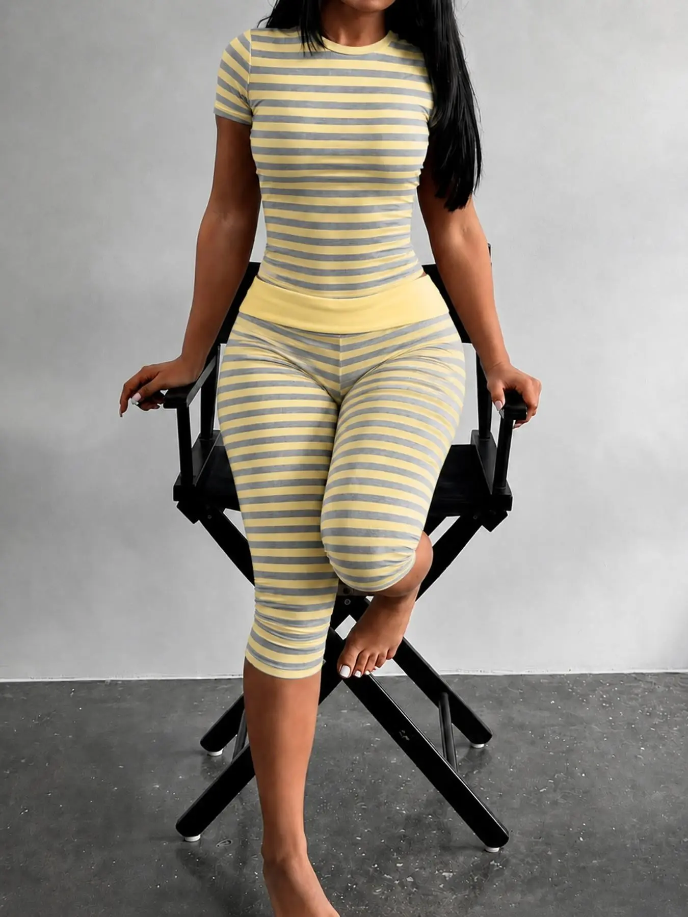 Yellow Grey Striped Two Piece Loungewear Set Crew Neck Short Sleeve Slim Crop Top High Waist Capri Leggings Stretch Fitted Matching Outfit ideal for home relaxation gym training grocery runs and casual everyday all season comfy outfits