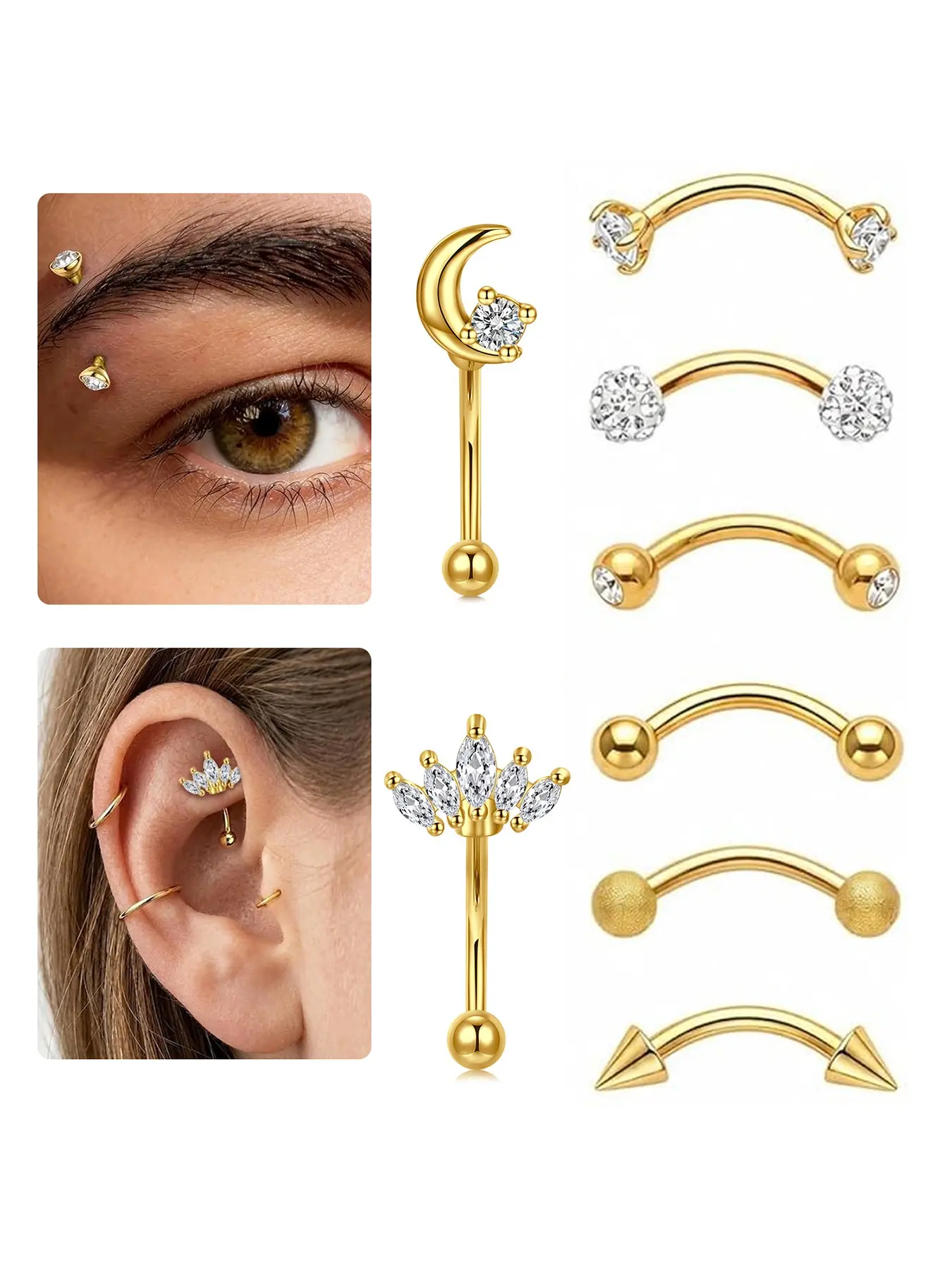 8-Piece Set 16g Eyebrow Piercing Jewelry, Unisex Body Jewelry Kit, Includes Eyebrow Rings, Rook Ear Studs, Lip Rings, Curved Barbells