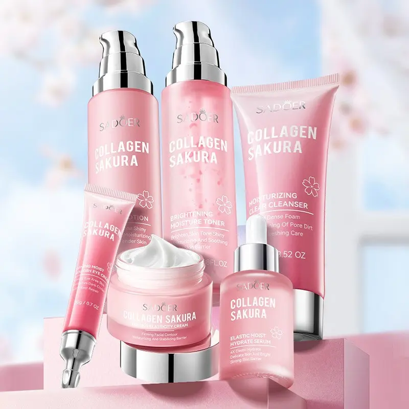 Sadoer Sakura Moisturizing Revitalizing Gift Set 6 Pcs, Skincare Face Cream Toner & Cleanser, Moisturizer, Hydrating & Moisturizing Daily Routine, Floral Essence, Collagen Sakura
