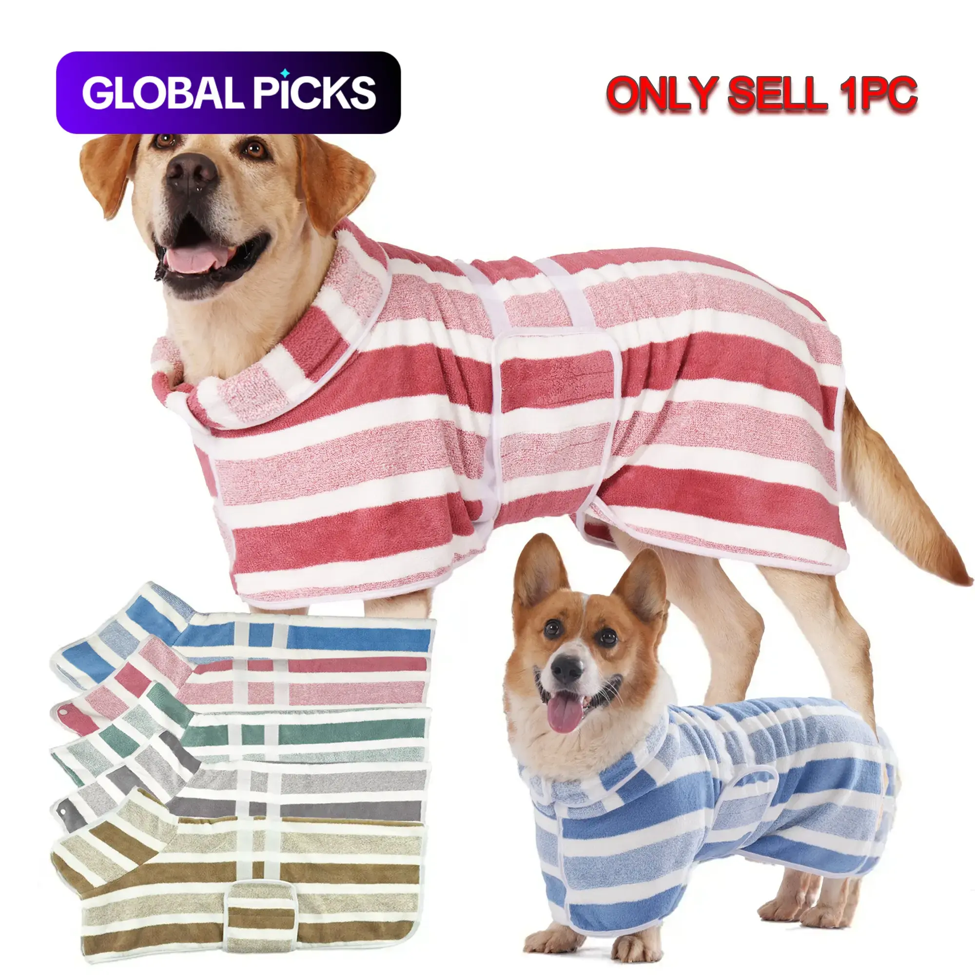 Quick-Drying Dog Bathrobe, 1-Piece Striped Clean Pet Bathrobe with Adjustable Belly Band, Super-Absorbent Soft Fabric, Machine Washable #GLOBAL PICKS