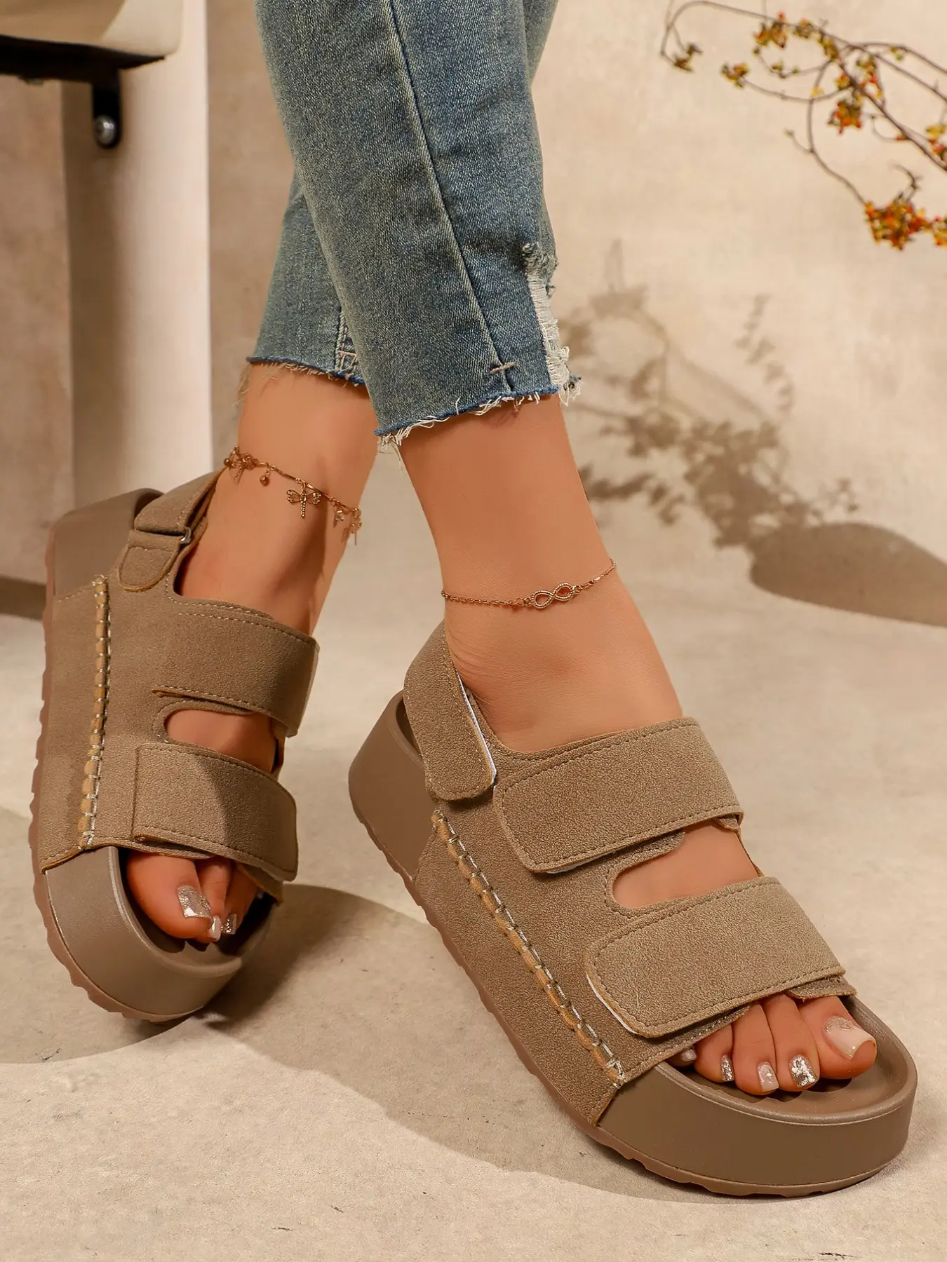 Women's Thick Sole Velcro Sandals, Summer Outdoor Twin Strap Open-Toe Platform Shoes, Comfortable Anti-Slip Flat Slippers, Versatile Casual Beach Shoes, Chic Summer Footwear