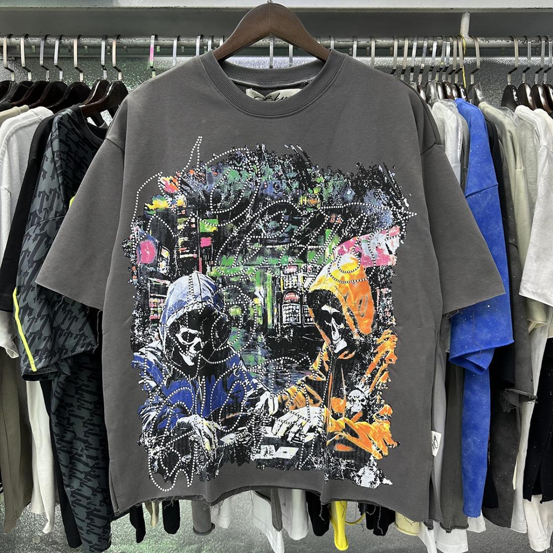 Best Quality Washed Gray Full Rhinestone Bling T-Shirt, Unisex F-Terry Cropped Tee, BKYS Skull Print High Street Hip Hop Rock Retro Y2K Vintage Streetwear, Sparkle Diamond Graphic Casual Short Sleeve Tops for Men Women