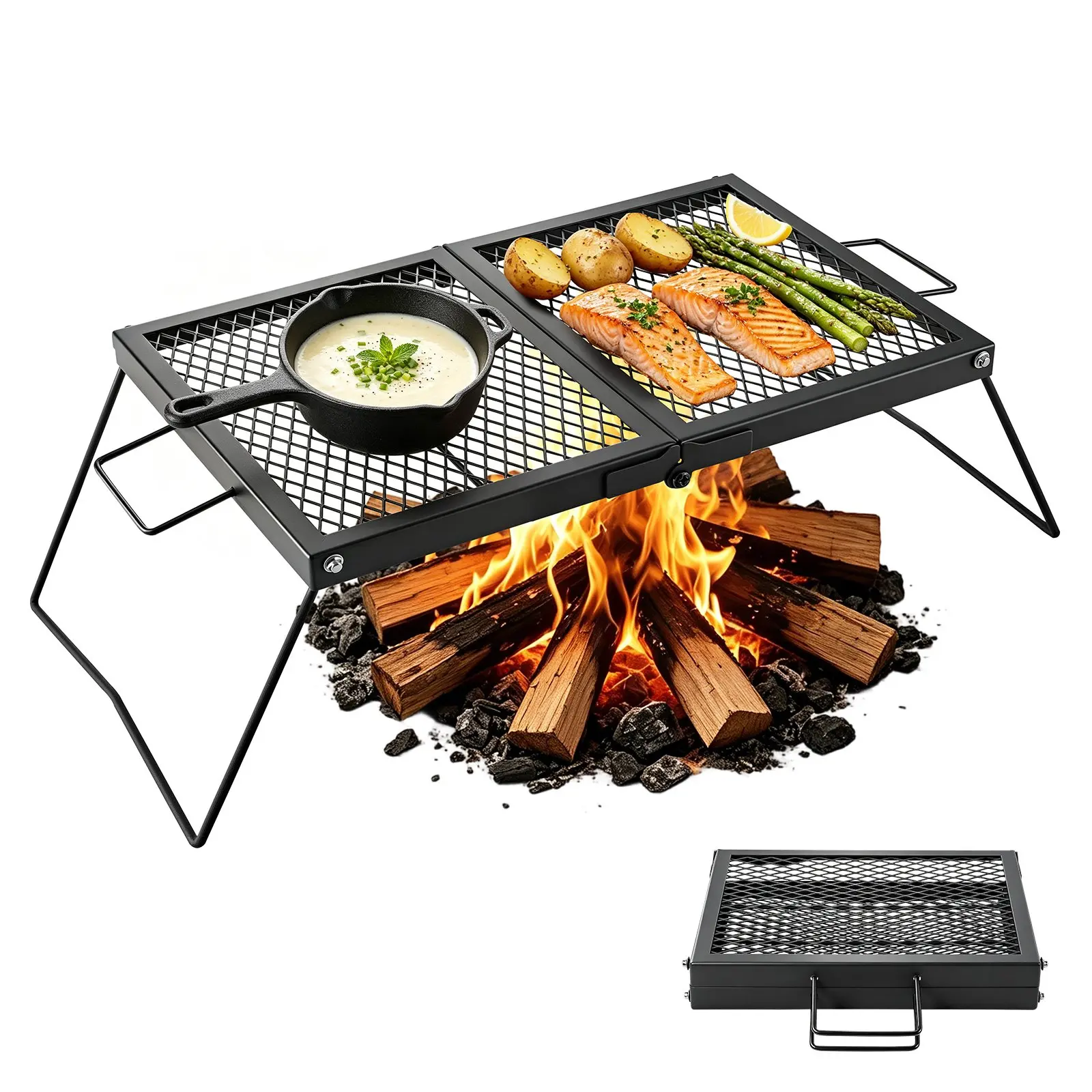 VEVOR Heavy Duty Folding Campfire Grill, 24" Portable Camping Grill Grate, Sturdy Steel Mesh, Compact Equipment Over Fire Pit, with Legs and Handle, Grilling Rack for Outdoor Open Flame Cooking, Blac