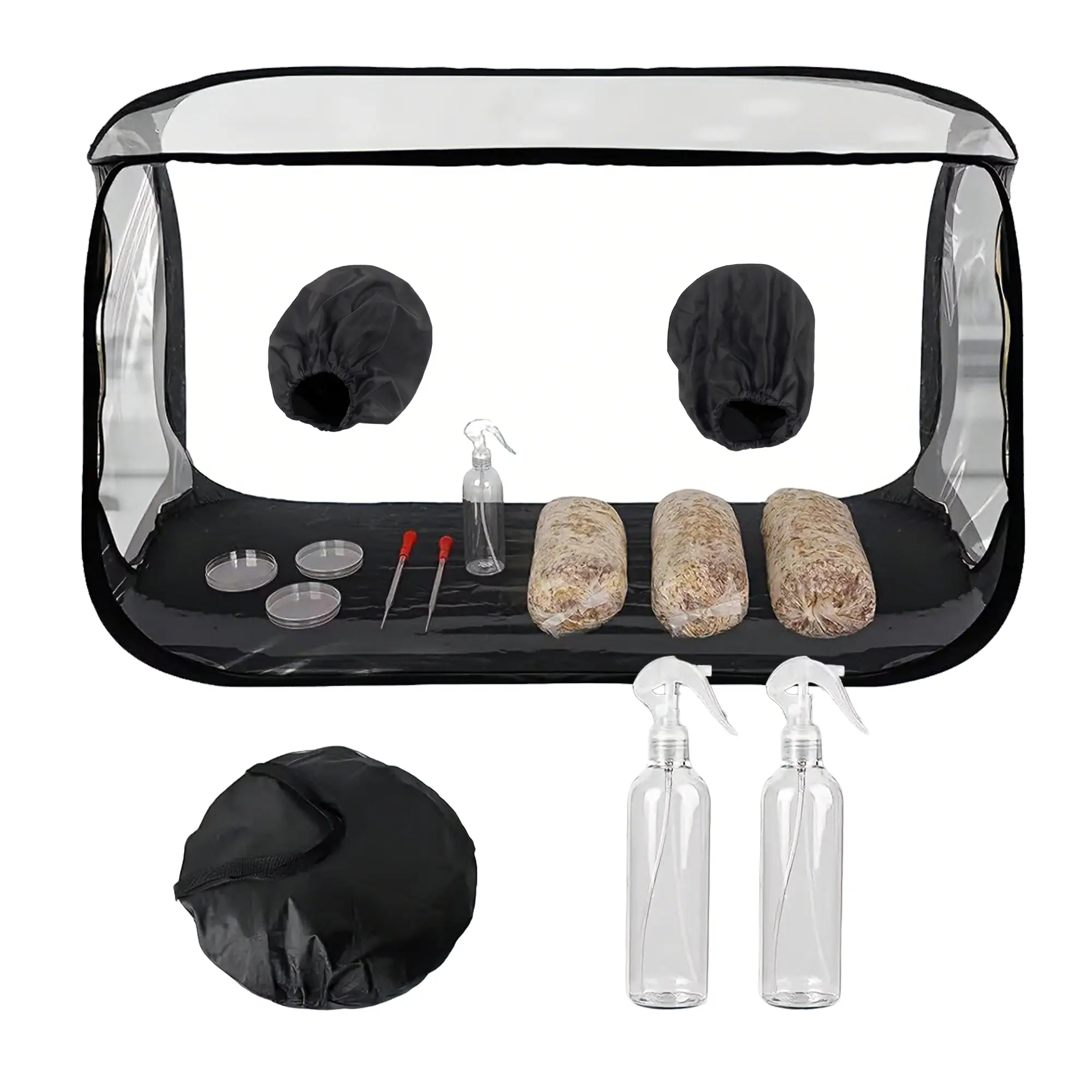 Mushroom Growing Tent 38x20x25 in – Transparent Collapsible Chamber with High Elasticity Armholes, Storage Bag, Thermometer, 2 Spray Bottles – Ideal for Agar Inoculation, Liquid Culture, Home Mycology, Plant Tissue Culture