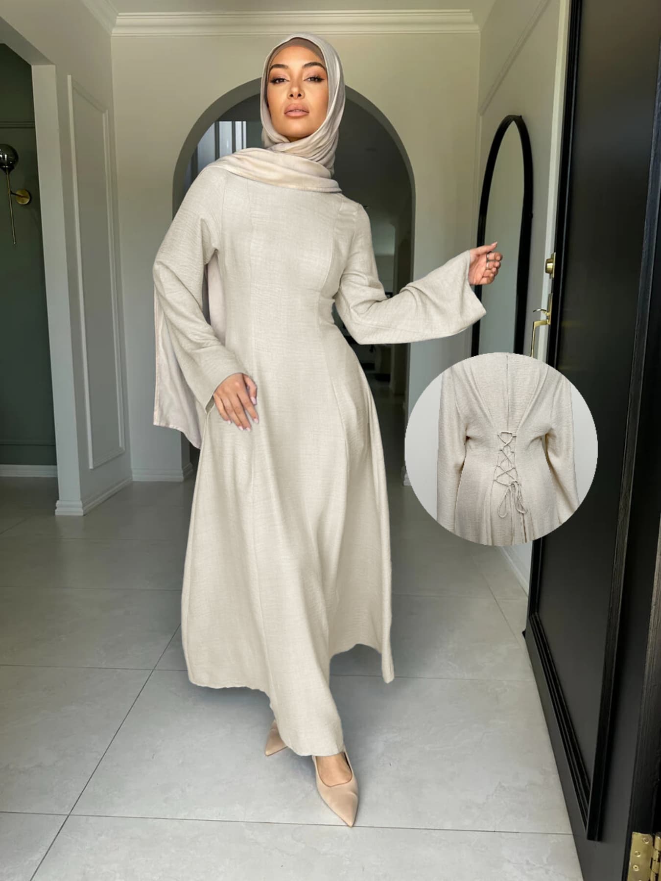 Elegant Ice Silk Wrinkle Abaya | Tie-Waist Corset Back Maxi Dress | Modest Ramadan Fashion for Muslim Women
