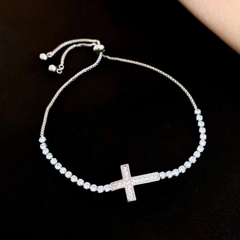 Women's Tennis Bracelet Dainty Cross Sparkly Micro Pavé CZ Adjustable Slider Chain Elegant Non-Tarnish Party Jewelry